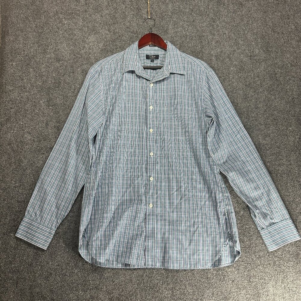 J Crew Shirt Mens Large Wrinkle Free 80's Two Ply Cotton Blue Teal Plaid Pocket